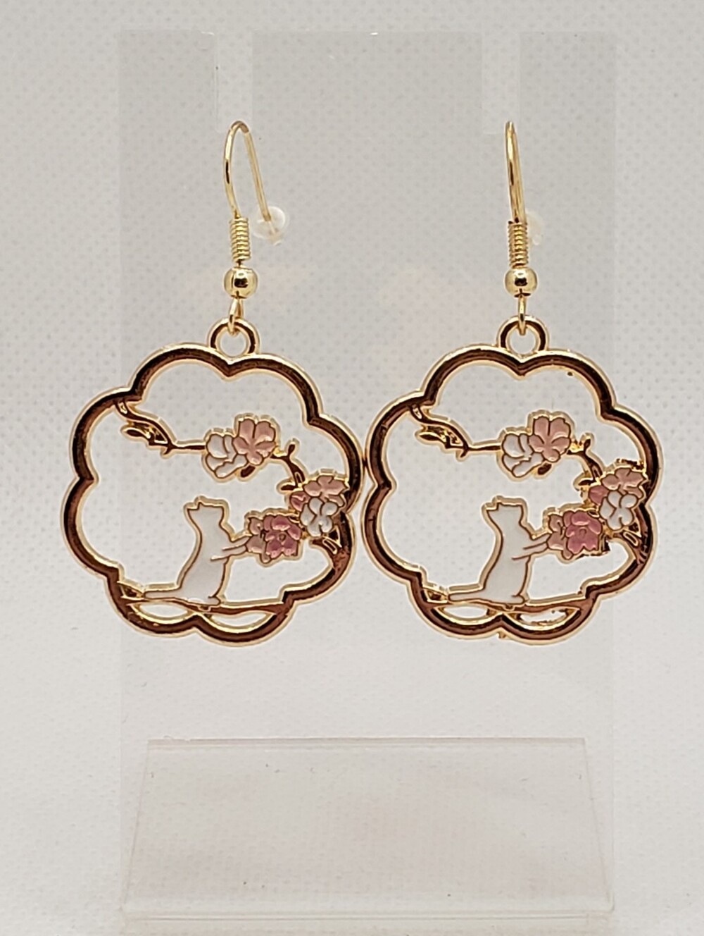 Gold Floral Kitten Dangle Earrings - Women Jewelry